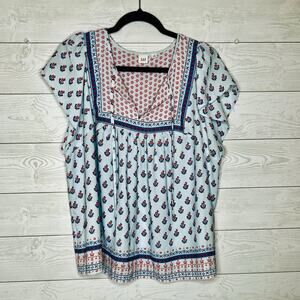 Gap boho Zen flutter cap sleeve  peasant top blue floral print size XL